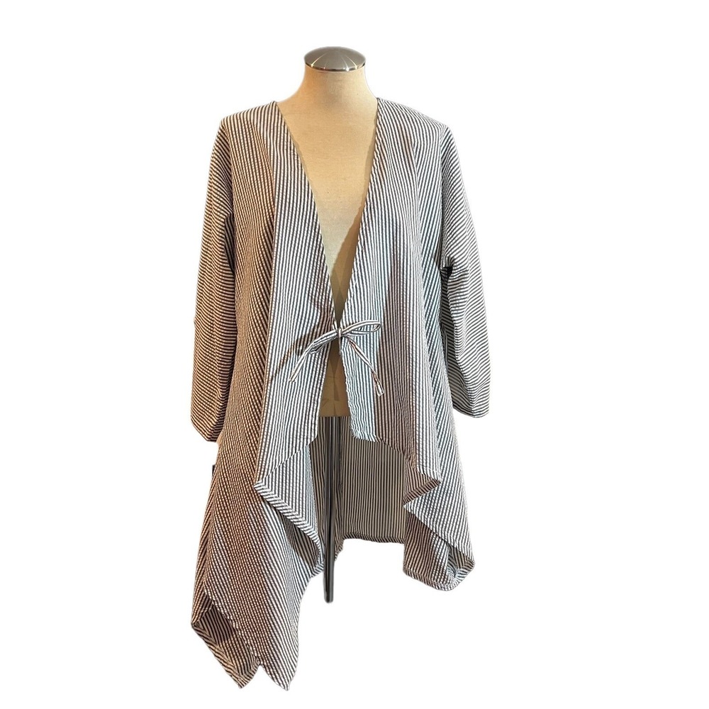 Striped Tie Front Cardigan Asymmetrical Lagenlook Boho Grunge Cover Up Size M - Picture 2 of 13